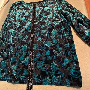 The Limited Teal and Black Velvet Burnout Top Goldtone Neckline